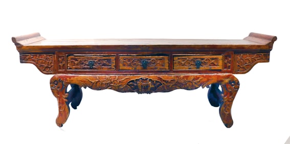 Ornate Chinese 3 Drawer Temple Altar Console in Lacquered Wood