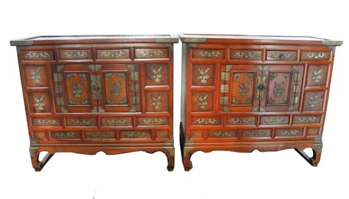 (2) Matching Vintage Japanese Elmwood and Brass Tansu Chests