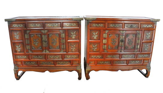 (2) Matching Vintage Japanese Elmwood and Brass Tansu Chests: (2) Matching Vintage Japanese Elmwood and Brass Tansu Chests. Rich wood compartmentalized into four small drawers above and two larger doors in the middle, with brass at the corners, edges, and formin