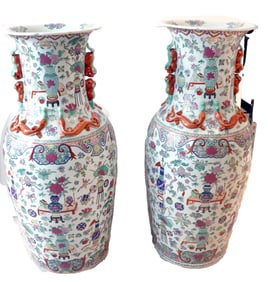 (2) Large Chinese Famille Rose Porcelain Urns