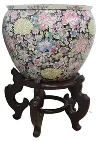 Chinese Famille Noir Mille Fleurs Porcelain Fish Bowl On Stand with Qianlong Mark