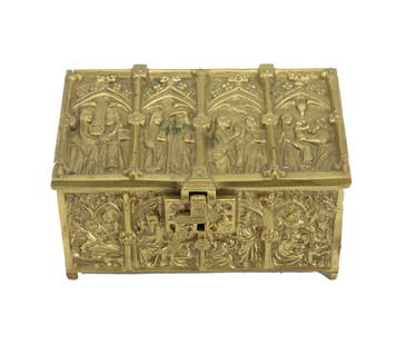 Antique German Erhard & Söhne Gothic Revival Brass Casket Box: Erhard & Söhne Gothic Revival Brass Casket Box — Germany, Late 19th to Early 20th Century An ornate brass casket box by Erhard & Söhne, a prestigious German metalware manufactu