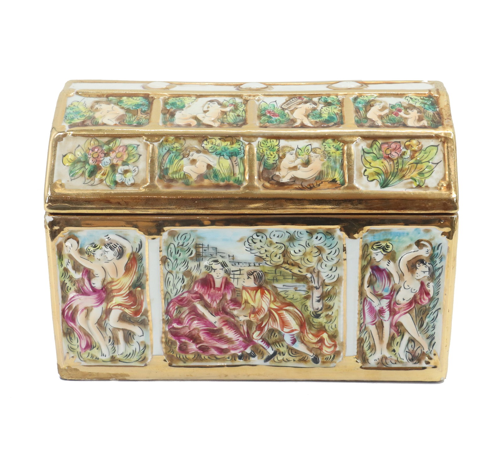 Italian Capodimonte Porcelain Hand Painted Chest: This item is a highly ornate, chest-shaped porcelain or ceramic box, likely functioning as a decorative trinket or jewelry box. It is characterized by its miniature domed form and extensive gilding, w