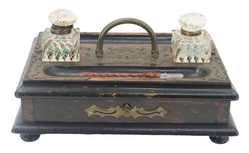 Antique Ink and Pen Writing Stand Caddy: Antique Ink and Pen Writing Stand Caddy. Antique writing caddy with two cut crystal inkpots and ink pen. Top with depressions for holding inkwells and pens and shallow drawer, handle for easier carryi