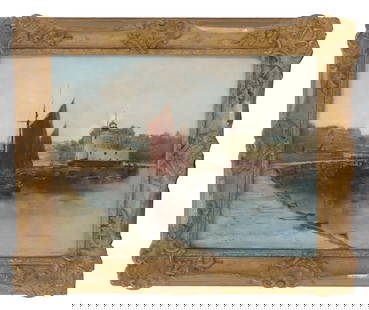 John Wallace (1841–1905) British, Oil on Canvas Landscape Harbor Painting: John Wallace (1841&ndash;1905) British, Oil on Canvas Landscape Harbor Painting. Oil on canvas landscape painting depicting a ship in harbor. Signed lower left, dated 1896. Framed. Condition: Frame da