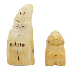 (2) Inuit Carved Tooth Scrimshaw Biliken Family Figures
