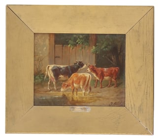 Johanna Grell (1850–1934) Austria, Oil on Canvas Genre Painting of Young Cows