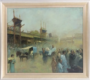Liu Wenquan (Born 1956) Chinese, Market Scene Oil on Canvas