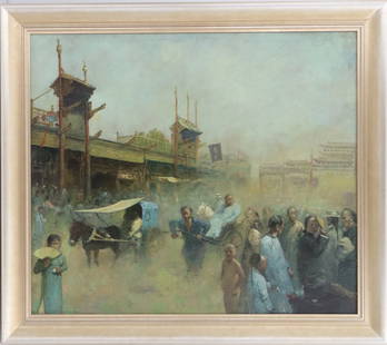 Liu Wenquan (Born 1956) Chinese, Market Scene Oil on Canvas: Liu Wenquan (Born 1956) Chinese, Market Scene Oil on Canvas. Depicts a dusty, crowded, bustling marketplace in the heat of midday. Signed and dated 2002 bottom right.&nbsp; Condition: Some fading. Ove