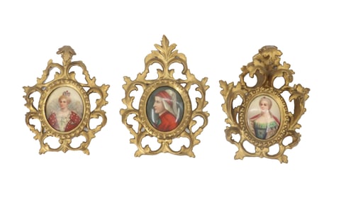(3) Antique Continental European Miniature Porcelain Portraits in Gilt Wood Frame