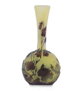 Emile Galle (1846-1904) French, Cameo Glass Art Nouveau Banjo Vase: Emile Galle (1846-1904) French, Cameo Glass Art Nouveau Banjo Vase. One of the most popular shapes from the artist&#39;s company, this piece has a light greenish hue throughout, with delicately detail