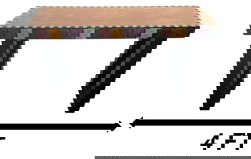 Modern Patchwork Wood and Resin Console Table: Modern Patchwork Wood and Resin Console Table. Larger block design goes along the outer edge of the table, while a narrower pattern goes along the top of the tables design. The legs are uniform in siz