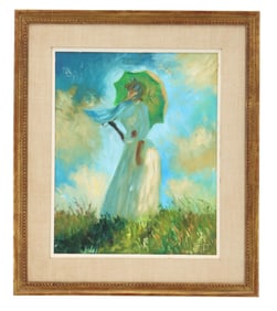 After Claude Monet (1840–1926) Oil on Canvas Impressionist Figural Painting, "Woman With Parasol