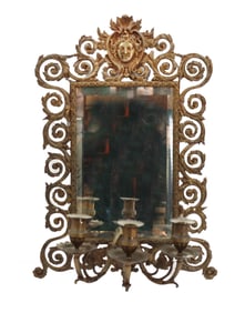 Ornate Metal Wall Mirror With Integrated Candelabra Arms