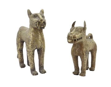 (2) Antique African Benin Bronze Leopard Statues
