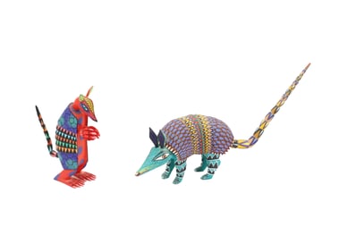 (2) Oaxacan Alebrijes Armadillo Hand Carved and Painted Sculptures
