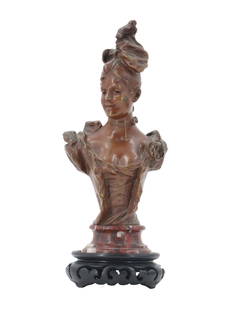 After Victor Bruyneel (Born 1859) Belgian, Art Nouveau Bronze Bust of a Noblewoman: After Victor Bruyneel (Born 1859) Belgian, Art Nouveau Cast Bronze Bust of a Noblewoman. Cast bronze&nbsp;bust of an elaborately decorated noblewoman on marble stand.&nbsp; Size: 2 1/4 x 4 x 10 in. &n