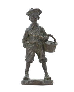 Jose Cardona (1878–1923) Spain, Bronze Sculpture of a Boy with Basket: Jose Cardona (1878–1923) Spain, Bronze Sculpture of a Boy with Basket. Incise signature on base. Size: 3 3/4 x 5 1/2 x 13 in. Josep?Cardona?i?Furró (also known as José?Cardo