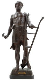 After Antoine Bofill (1875-1939) Spanish, Male Bronze Sculpture: After Antoine Bofill (1875-1939) Spanish, Male Bronze Sculpture. Depicting a male figure standing upright, wearing a drape of fabric around his lower body. His right hand is holding a hammer or p