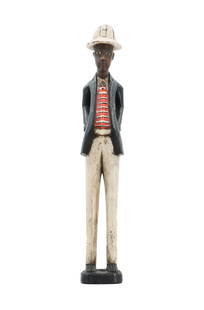 African Carved Wooden Figure: African Carved Wooden Figure. African carved wood figure of a man in white pants, striped shirt, and blue blazer. Unsigned. African carved wood figures are deeply rooted in the spiritual, cultural, an