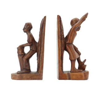 (2) Carved Wood Figural Bookends