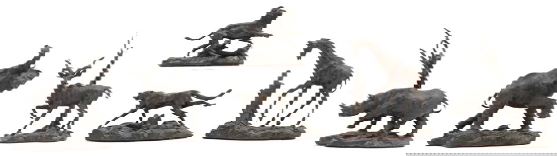 (6) Donald Polland for Franklin Mint Bronze African Animal Figurines: (6) Donald Polland for Franklin Mint Bronze African Animal Figurines. Lot comprised of six figurines depicting African animals, including cheetah, lion, giraffe, rhino, gazelle, and elephant. The Fran
