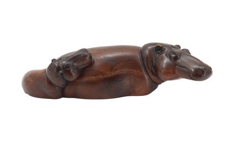 East African Signed Carved Wooden Hippo and Calf