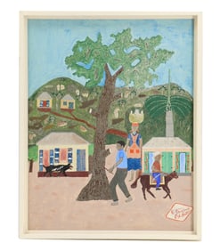 R. Francois (20th Century) Haitian, Oil on Canvas Folk Art Town Scene