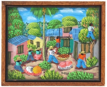 L.Y. Alaby (20th Century) Oil on Canvas Haitian Village Scene Painting