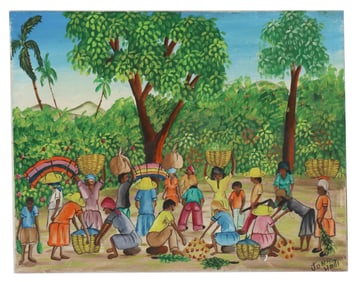 Haitian Oil on Canvas Market Scene Painting Signed Jonas