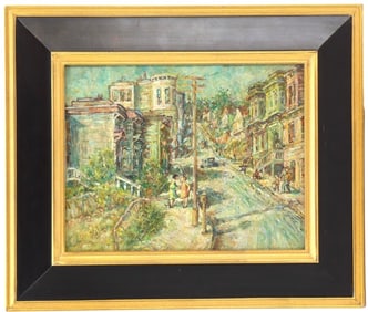 Attributed to George Chann (1913-1995) Chinese/American, San Francisco Oil on Canvas Street Scene.