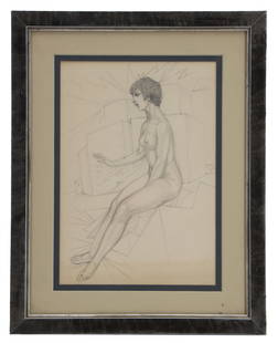 Ismael Smith Marí (1886–1972) Spain, Pencil Sketch Nude: Ismael Smith Mar&iacute; (1886&ndash;1972) Spain, Pencil Sketch Nude. Gestural pencil sketch of a nude woman sitting on a bed. Dated 1934. Embossed Ismael Smith, upper left. Overall Size:&nbsp;11 3/8