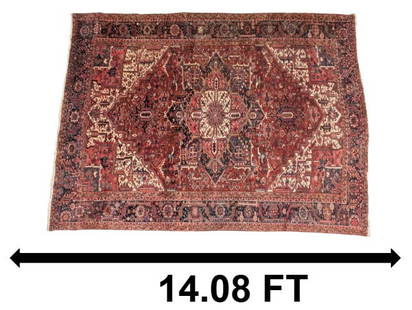 Incredible Vintage Persian Heriz Wool Rug: Incredible Antique Persian Heriz Wool Rug. Classic pattern on a massive scale. Faded label on&nbsp;back with origin and import information.&nbsp; Condition: Missing most of the fringe. Surface is exce