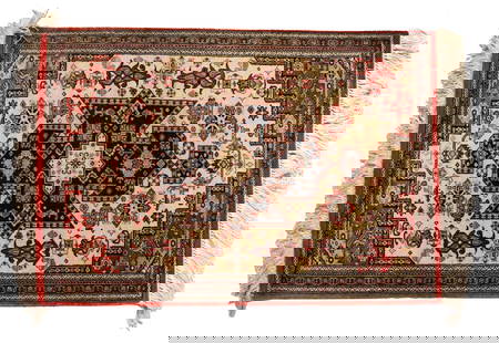 Persian Qom Wool Prayer Rug: Persian Qom Wool Prayer Rug. Small label taped on back with dimensions.&nbsp; Condition: Commensurate with age.&nbsp; Size: 21 1/2 x 35 in.&nbsp; &nbsp; Qom rugs (or Qum, Ghom, Ghum,