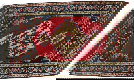 Turkish Wool Rug: Turkish Wool Rug. Less precise than some, likely the early work of a weaver learning the craft, with a cream center medallion and red and navy tones throughout.&nbsp; Condition: Commensurate with age.