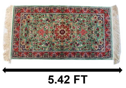 Persian Isfahan Wool Rug: Persian Isfahan Wool Rug. Beautiful sea green, red, and cream colors throughout, with a central medallion surrounded by floral shapes.&nbsp; Condition: Great.&nbsp; Size: 65 x 30 1/4 in.&nbsp; The Ira