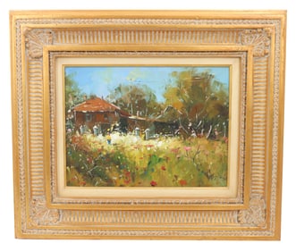 Ornately Framed Signed Impressionist Rural Landscape Oil on Canvas