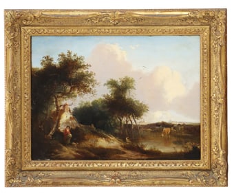19th Century English Oil on Board Landscape, Cows in River
