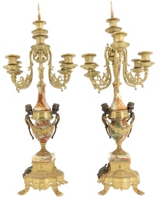 Pair of Italian Louis XV Style Bronze and Marble Seven Lights Candelabras