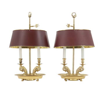 Pair of Brass Fish Style Table Lamps: Pair of&nbsp; Brass Fish Style Table Lamps. The pair come with metallic shades. The bottom reads proudly made by Graham Walker.&nbsp; Size: 13 1/2 x 10 1/4 x 22 in.