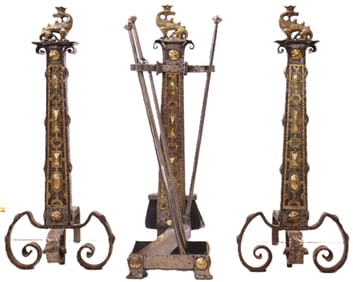 Antique Matching Set of Dragon Themed Wrought Iron Fireplace Andirons and Tools