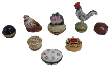 Collection of (8) Porcelain Boxes Limoges, Tiffany, and a Gilt Bronze Red Stone Box