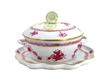 Herend Hungary Chinese Bouquet Apponyi Raspberry Pink Porcelain Tureen and Underplate