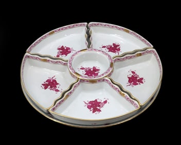 Herend Porcelain Chinese Bouquet Apponyi Raspberry Pink Porcelain Hors d'Oeuvre Platter.