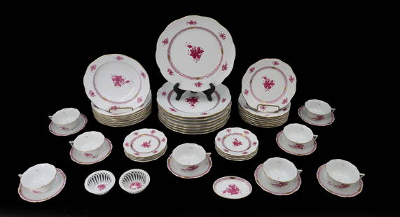 (51) Herend Hungary Chinese Bouquet Apponyi Raspberry Pink Porcelain Dish Serving Dinner Set: (51) Herend Hungary Chinese Bouquet Apponyi Raspberry Pink Porcelain Dish Serving Dinner Set.&nbsp;Set includes 8 large plates, 8 smaller plates, 8 Soup bowls, 8 cups, 8 saucers, 8 bread plates, 1 dip