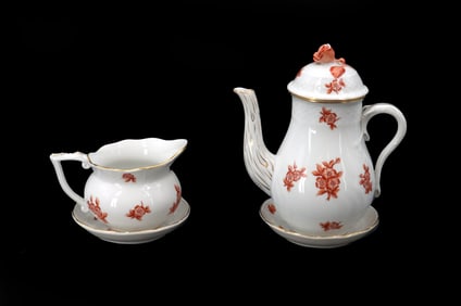 Herend Hungary Chinese Bouquet Apponyi Rust Orange Porcelain Coffee Pot and Creamer