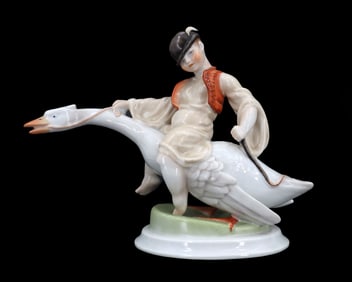 Hungarian Herend Porcelain Whimsical Boy Riding Goose Figurine