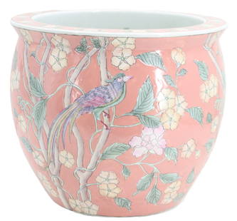 Chinese Painted Porcelain Jardiniere or Fish Bowl: Chinese Painted Porcelain Jardiniere or Fish Bowl.&nbsp;&nbsp;Painted porcelain jardiniere or fish bowl, exterior with bird perched in bamboo on pale pink ground, interior with painted goldfish and se