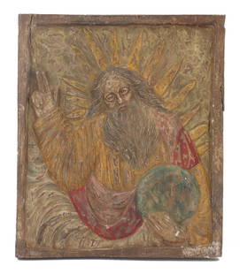 Antique Russian Orthodox Bronze Icon, God the Father: Antique&nbsp;Russian Orthodox Bronze&nbsp;Icon, God the Father. Russian Orthodox icon depicting the image of God the Father, with with radiant halo, holding the Earth in His hand. Russian icons depict