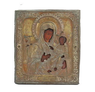 Russian Icon of the Madonna: Russian Icon of the Madonna. Russian icon with silvered metal face and incise decoration depicting the Madonna holding the Christ Child. Religious icons depicting the Madonna&mdash;images of the Virgi